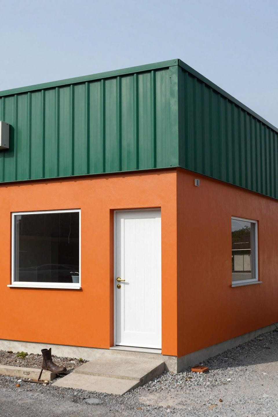 Blox burg house layout showing compact single-story rowhouse with bold burnt orange stucco and charcoal aluminum windows