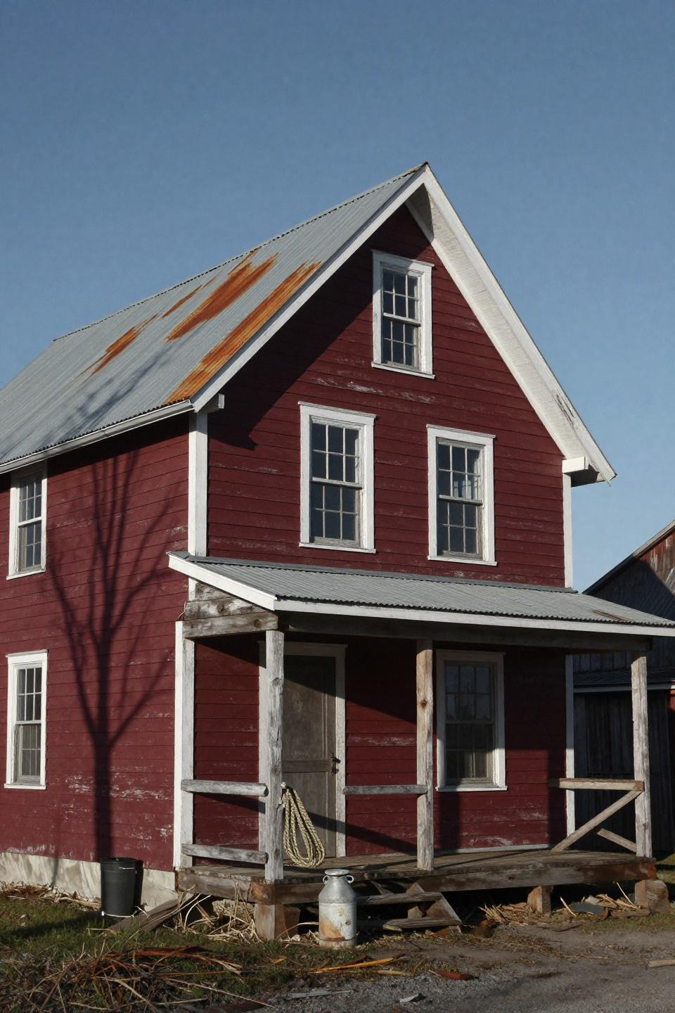 Blox burg house layout showing weathered two-story farmstead with burgundy vertical board siding and metal roof patina