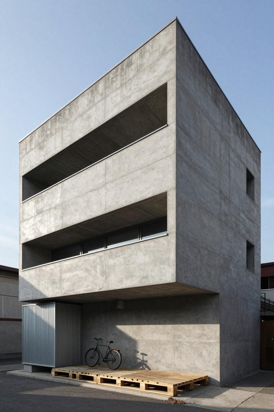 Blox burg house layout featuring brutalist single-story structure with monolithic graphite concrete and slit windows