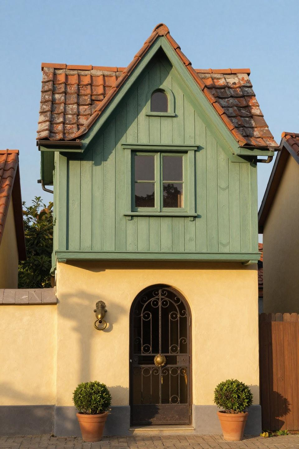 Blox burg house layout showing whimsical asymmetrical cottage with butter-yellow render and sage green accents