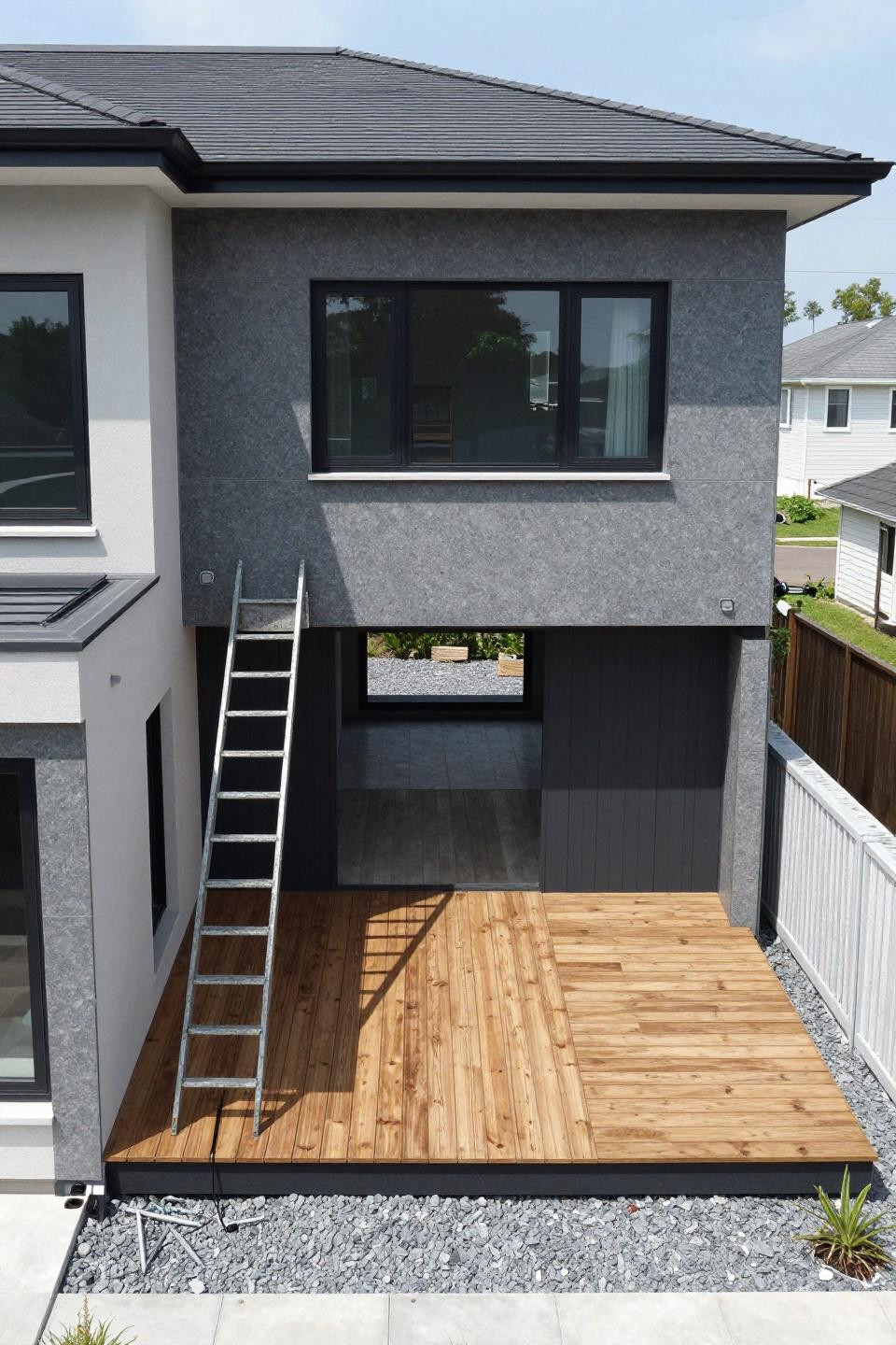 Blox burg house layout featuring L-shaped contemporary split-level with polished grey quartz and honey timber wings