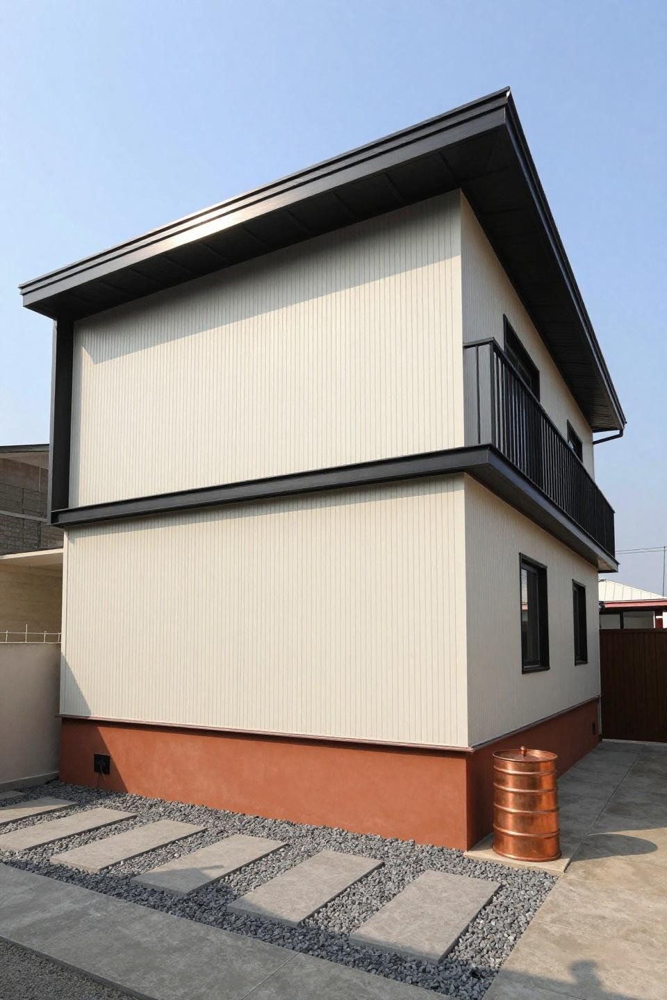 Blox burg house layout showing staggered three-story residence with cream cladding transitioning to blackened aluminum frame