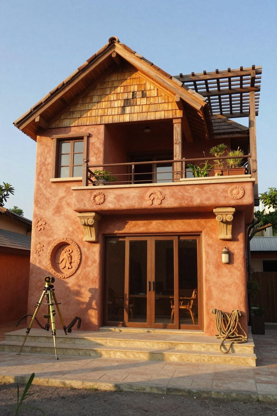 Blox burg house layout featuring whimsical two-story villa with fluted terracotta stucco and rooftop garden pavilion