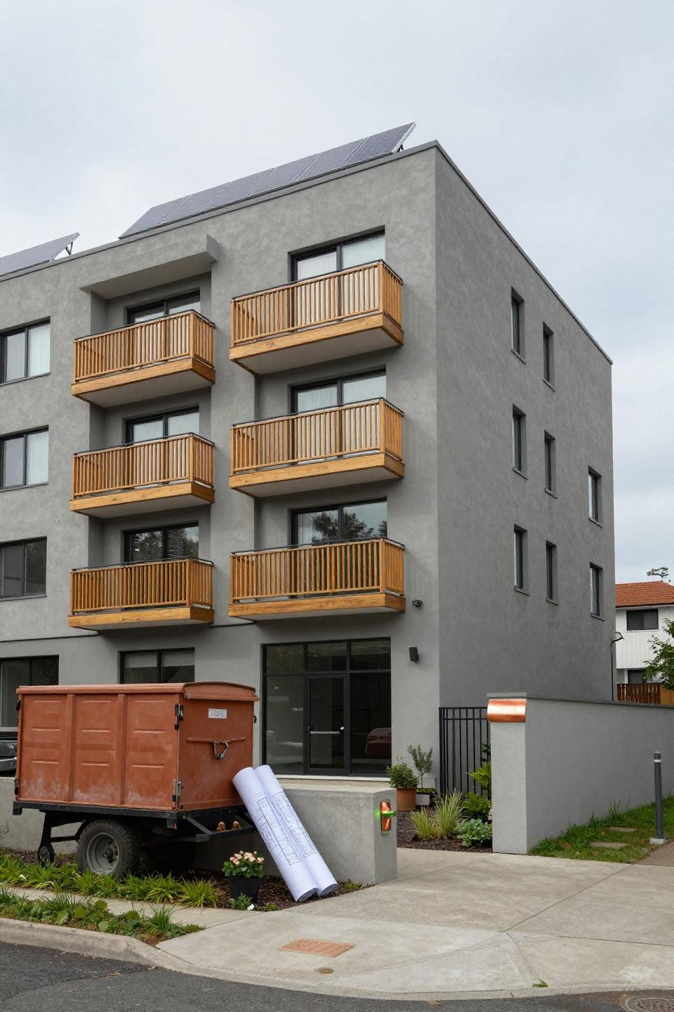 Bloxburg homes exterior featuring mid-rise apartment complex with staggered balcony tiers and honey timber railings