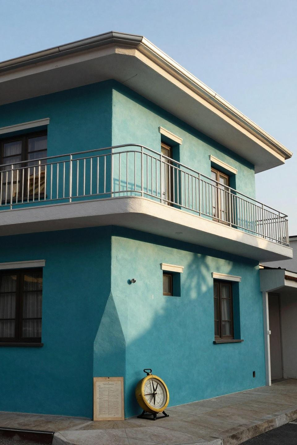 Bloxburg house plans showing bold teal-blue stucco Art Deco mansion with geometric stepped facade and chromium railings