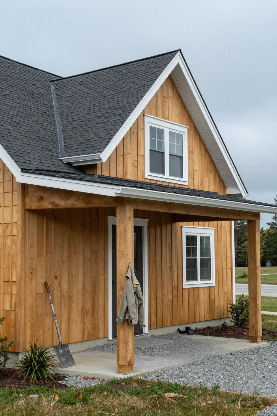 Cute Bloxburg houses featuring two-story modern farmhouse with vertical shiplap and covered carport