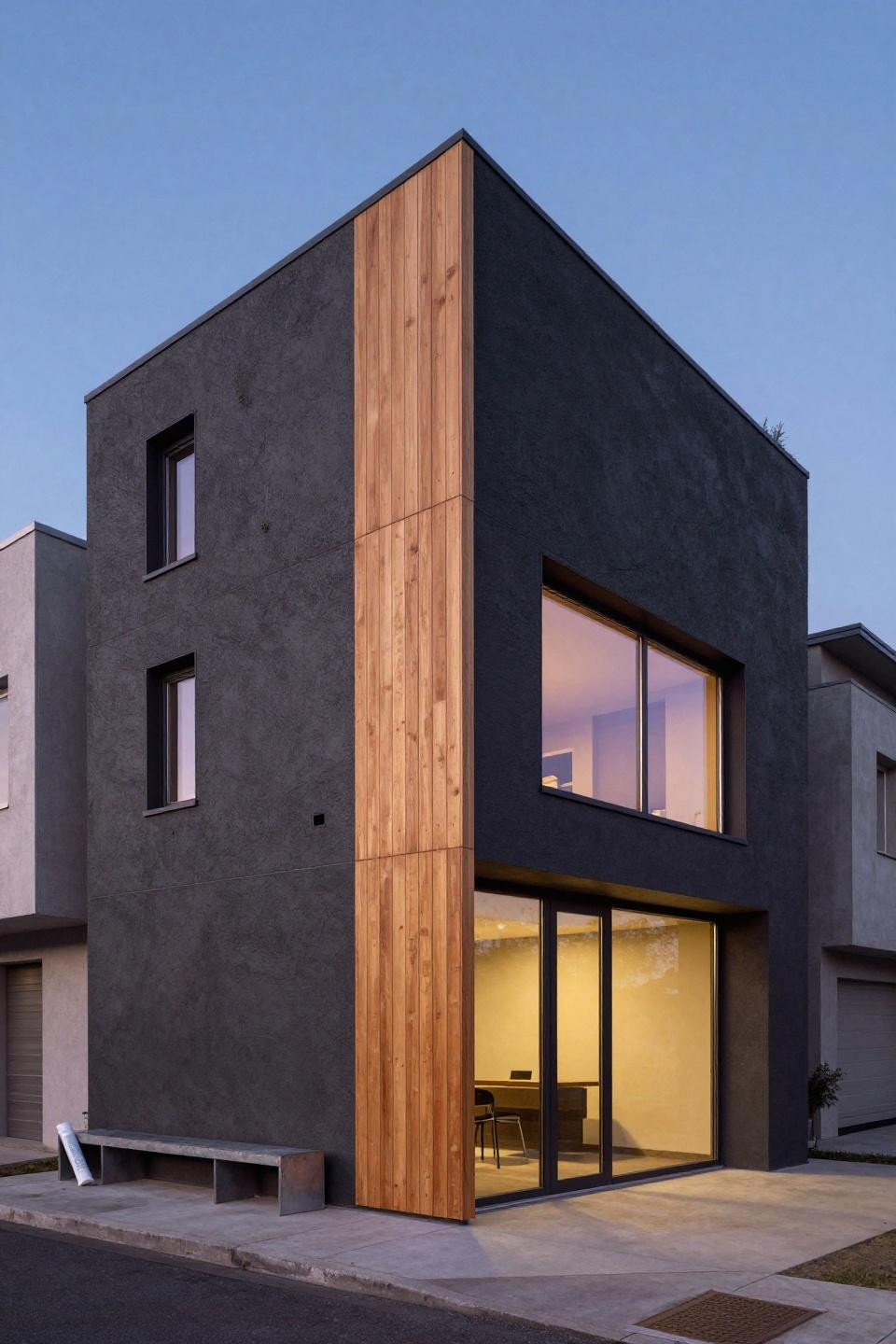 Small house elevation featuring compact neo-brutalist townhouse with exposed concrete and timber accents