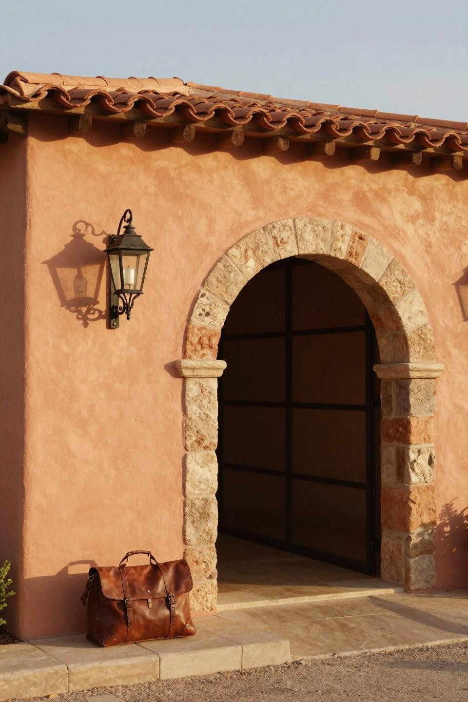 Bloxburg mansion layout with peachy terracotta Mediterranean villa and arched motor court