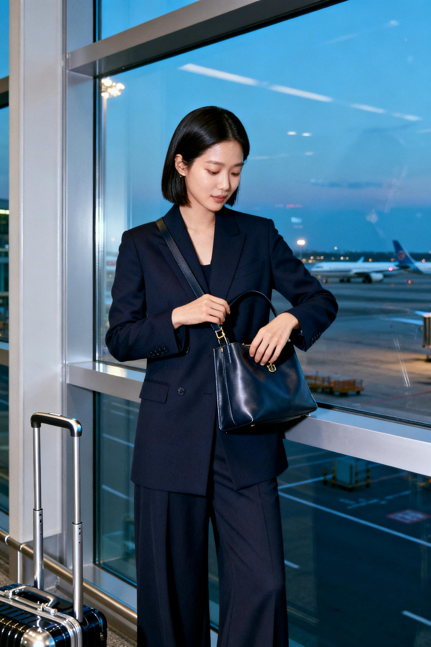 Elegant Business Outfit - navy blazer wide trousers