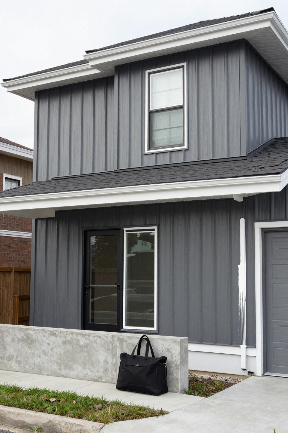 Rich Bloxburg house featuring stacked two-story modern townhouse with textured charcoal corrugated metal siding