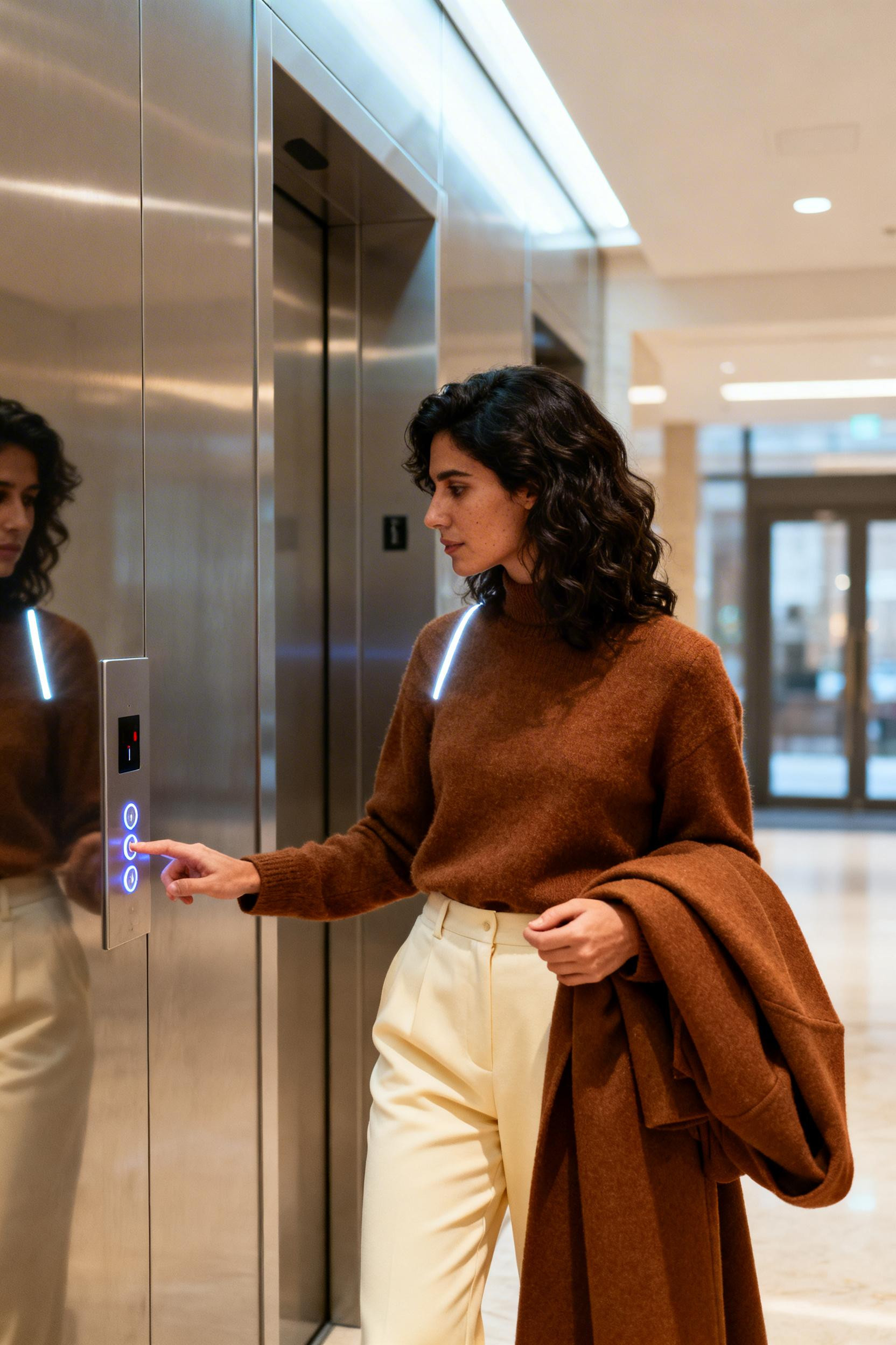 Business Class Outfit - brown coat cream trousers