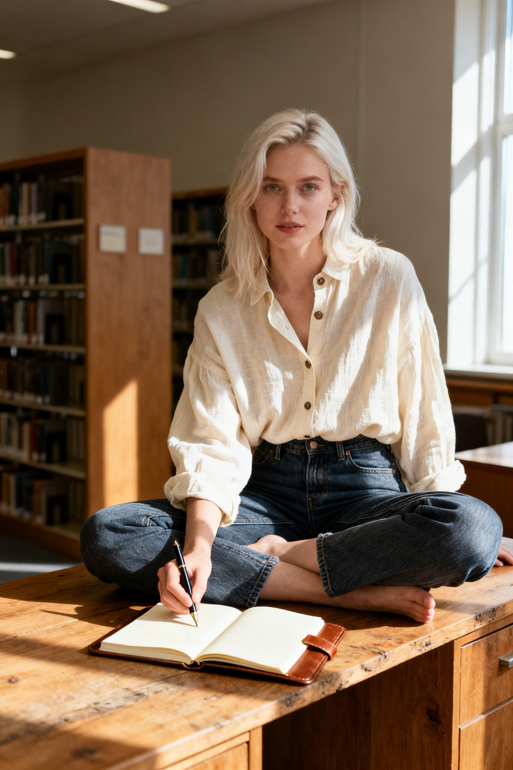 Elegant Office Outfit - cream linen shirt jeans