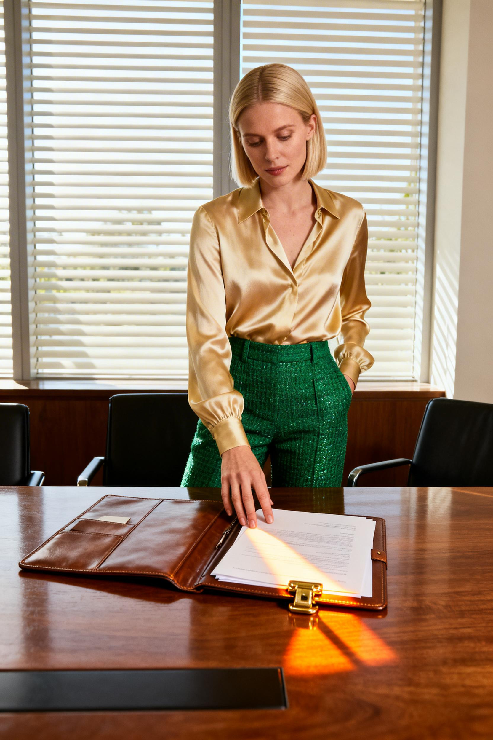 Business Casual Outfits - emerald trousers gold blouse