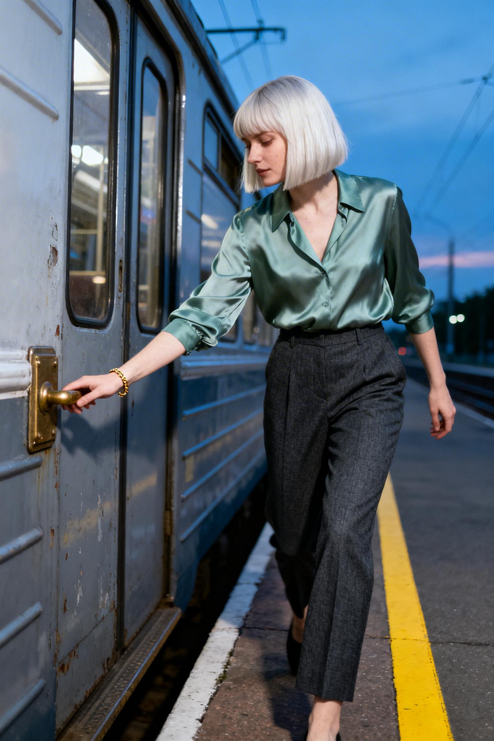 Classic Office Outfits Women - charcoal trousers sage blouse