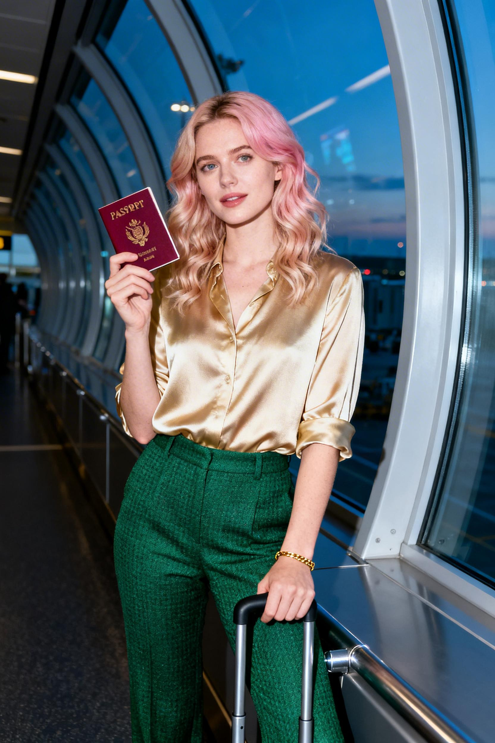 Airport Outfit - emerald trousers gold blouse