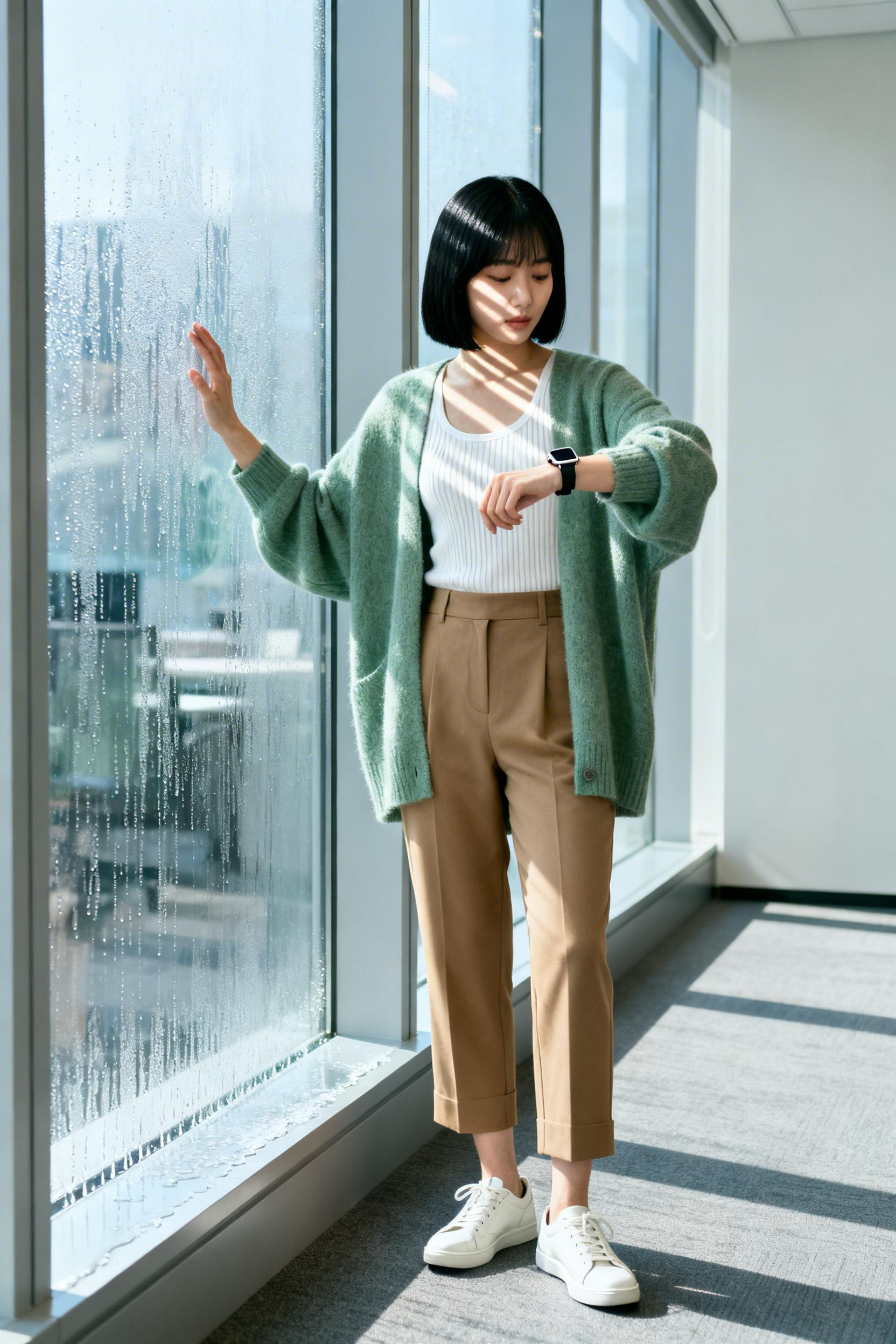 Creative Office Outfit - sage green cardigan camel cropped trousers