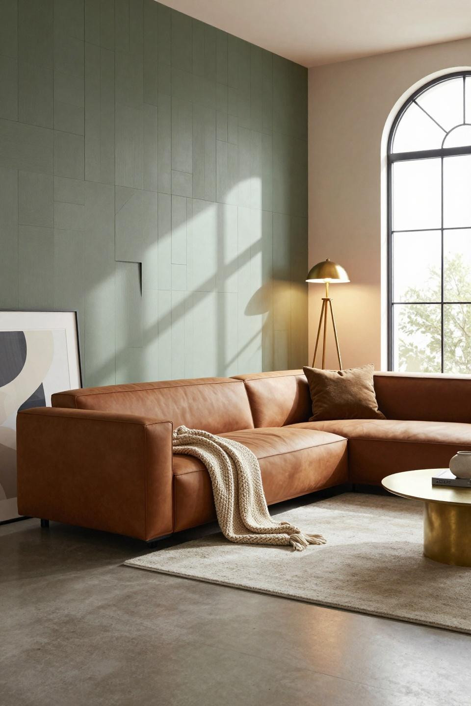 Bloxburg couch ideas with caramel microsuede sectional against geometric sage shiplap wall