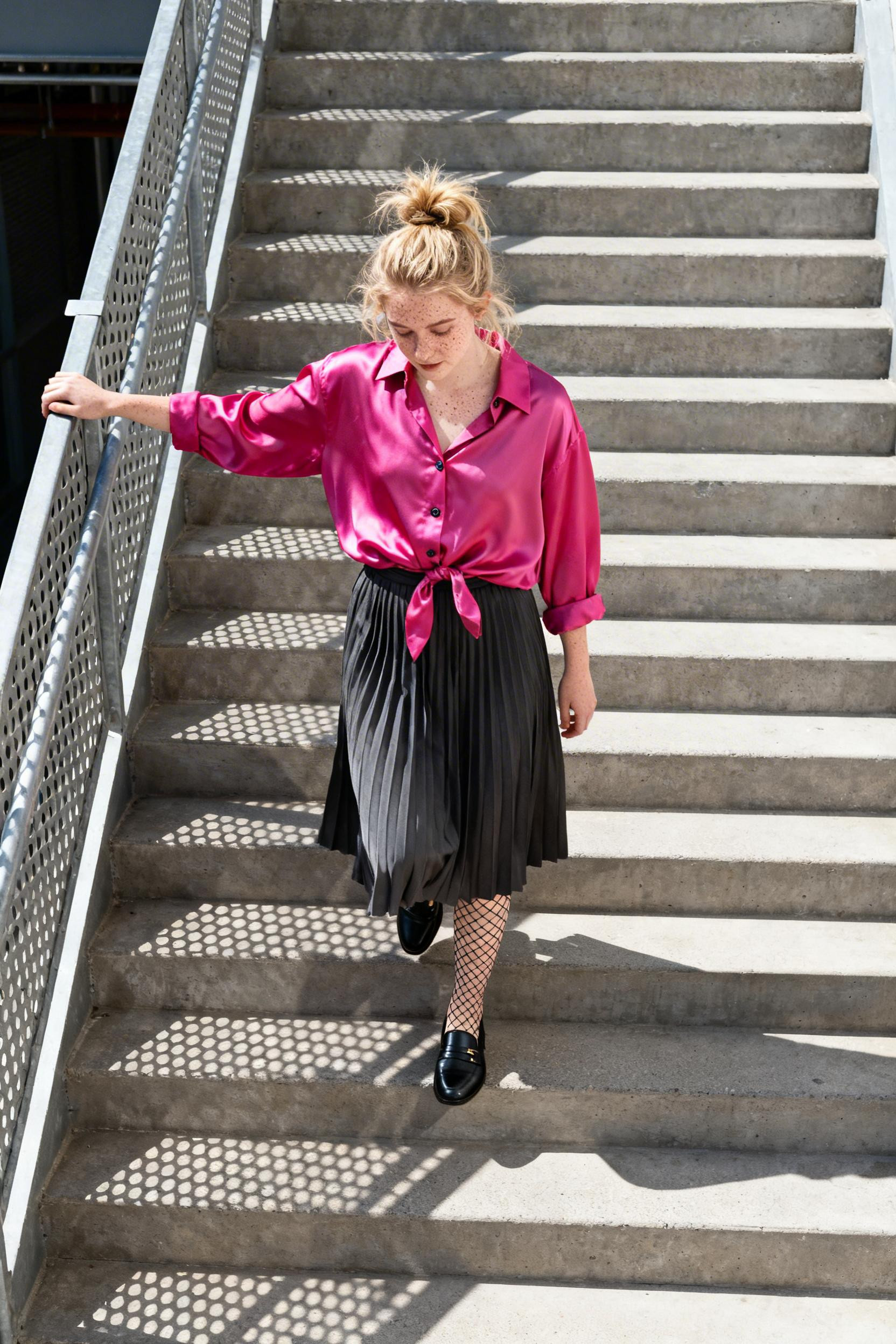 Creative Work Outfit - fuchsia silk shirt black pleated midi skirt