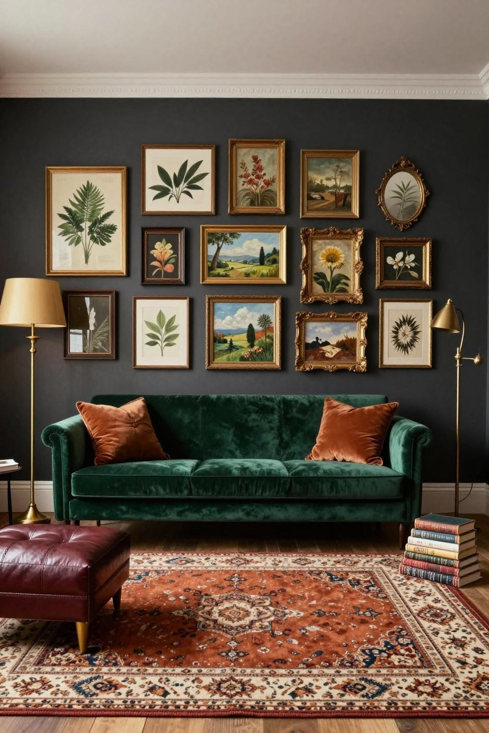 Bloxburg couch ideas with emerald velvet loveseat on layered Persian rug in maximalist gallery wall room