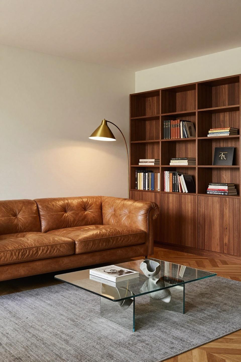 Bloxburg couch ideas featuring camel leather Chesterfield sofa with floor-to-ceiling walnut shelves