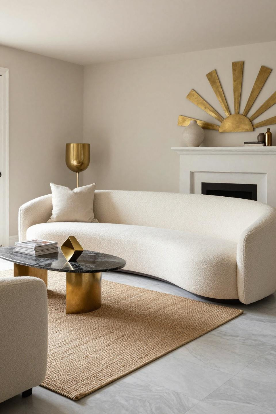 Bloxburg couch ideas with cream boucle curved sofa against dusty marigold sunburst wall