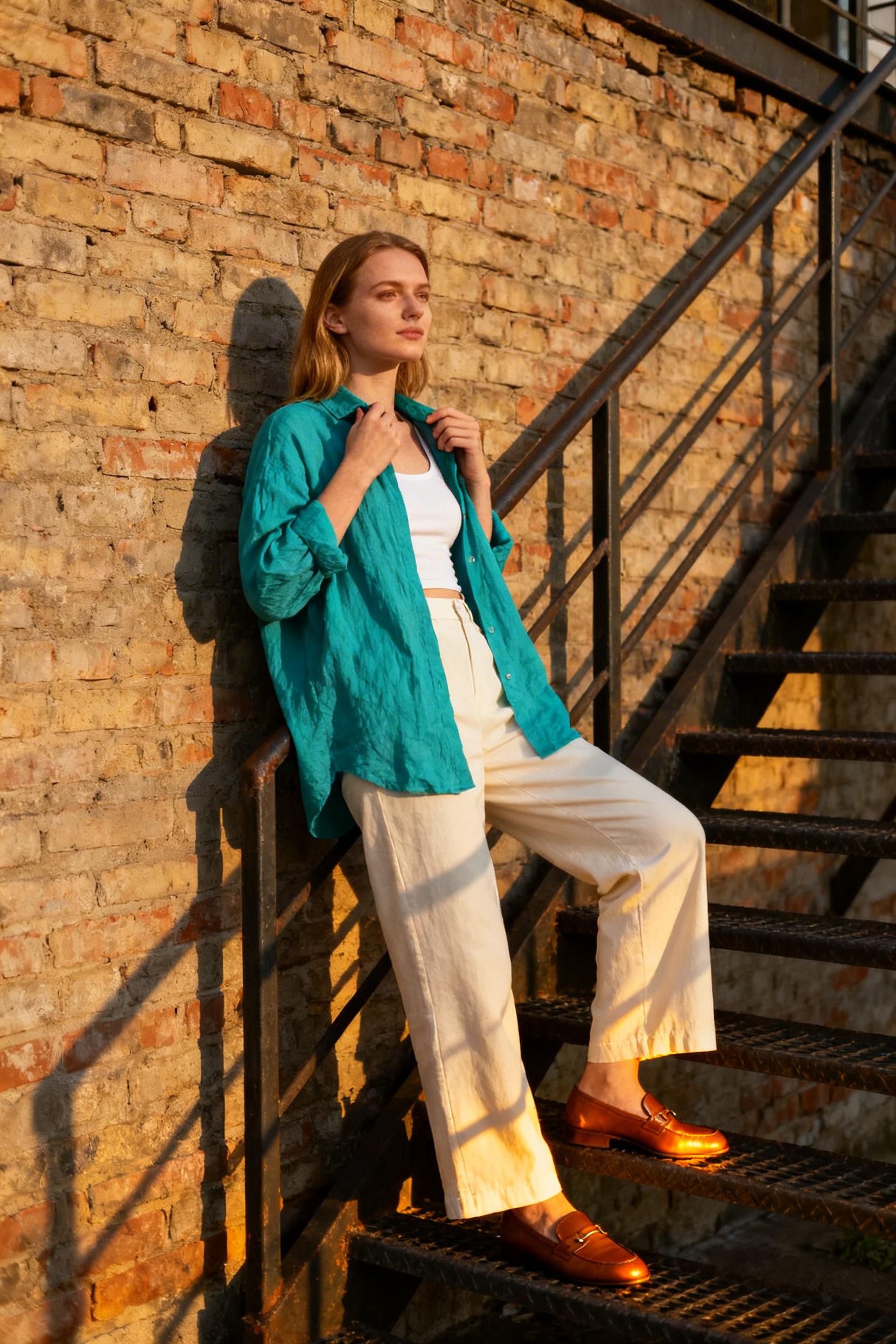 Colorful Corporate Outfit - electric teal linen shirt cream wide leg trousers