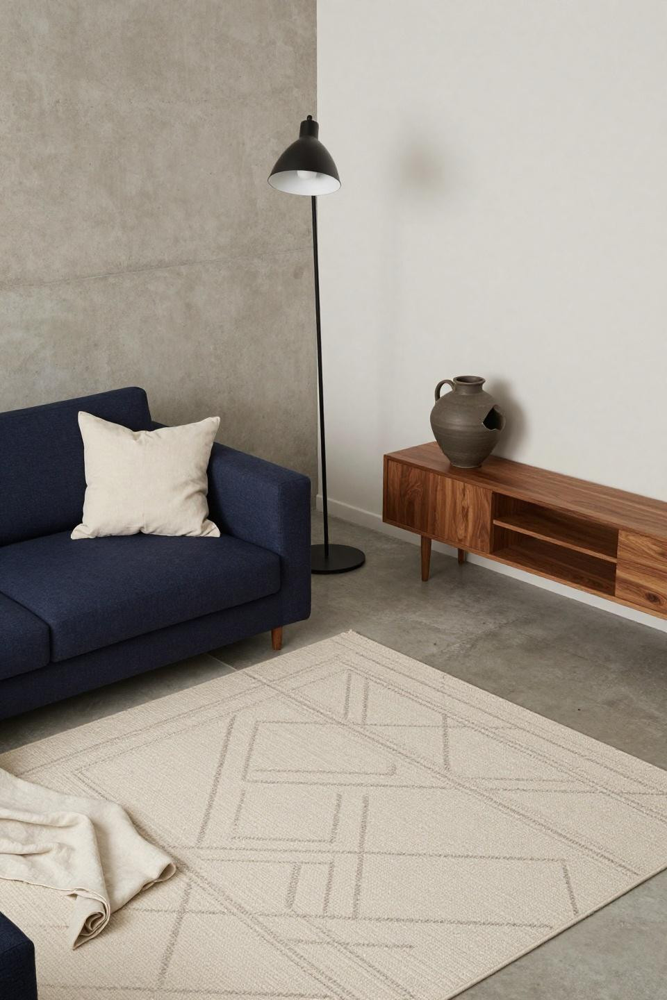 Bloxburg couch ideas with low-profile navy sectional anchoring cream geometric rug