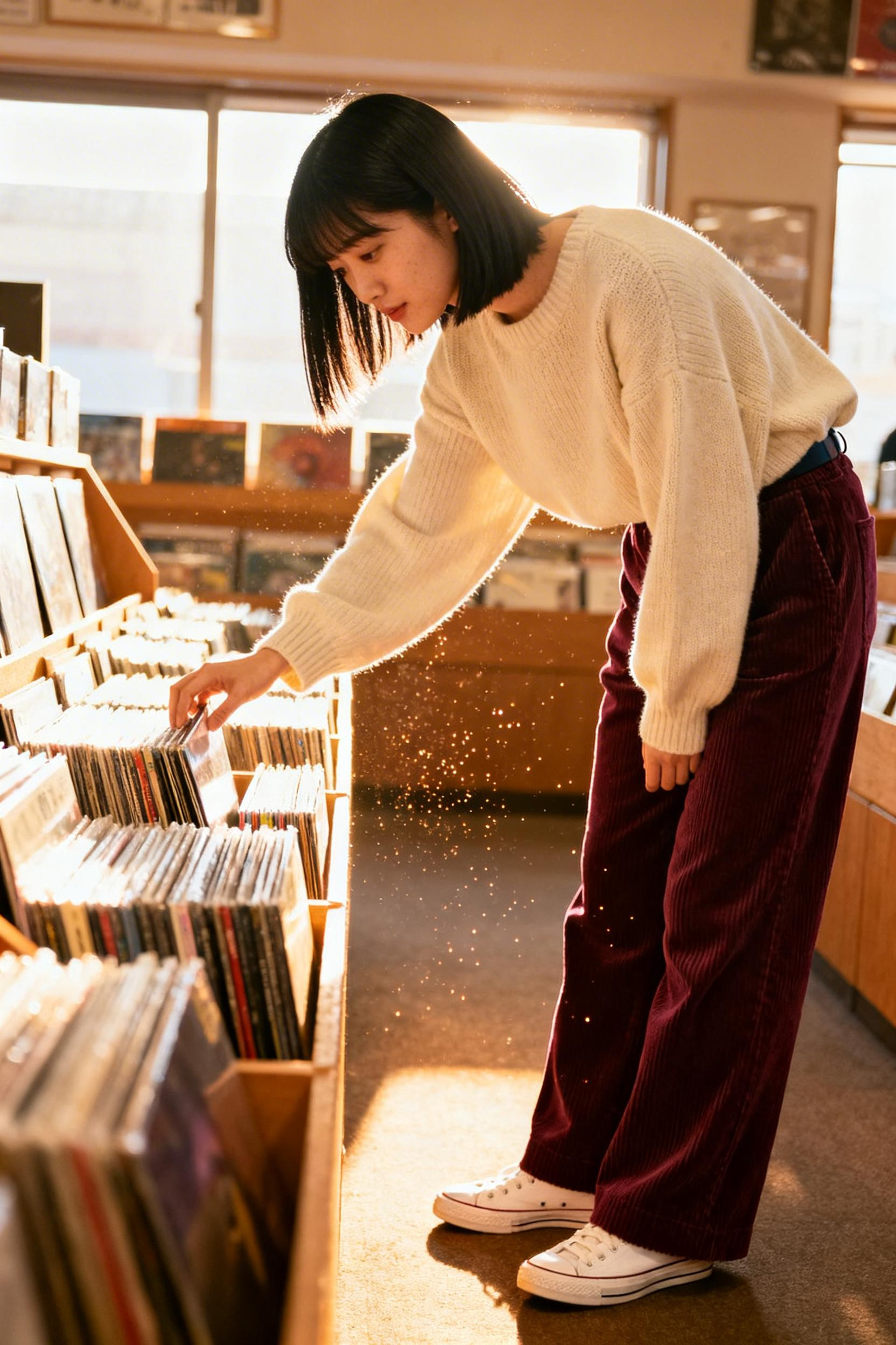 Funky Office Outfits - cream wool sweater burgundy corduroy trousers