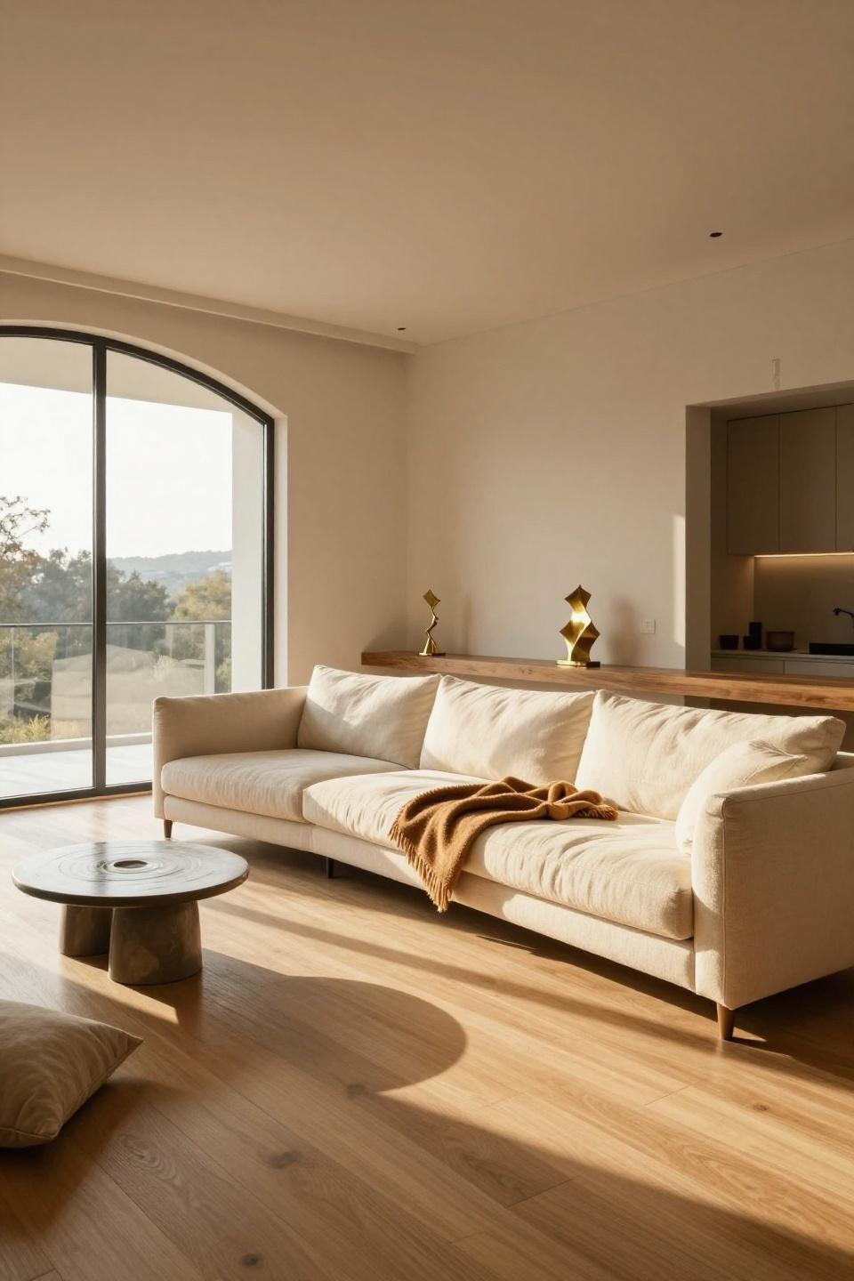 Bloxburg couch ideas featuring oversized cream linen sectional near floor-to-ceiling arched window