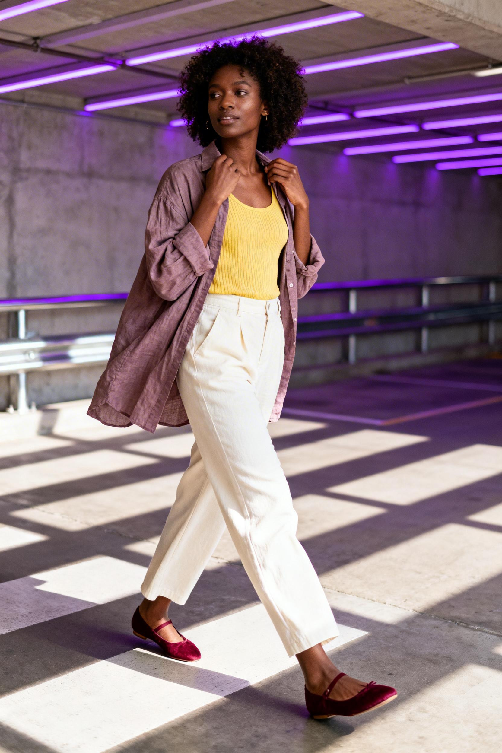Fun Professional Outfits - dusty lavender linen overshirt butter yellow tank