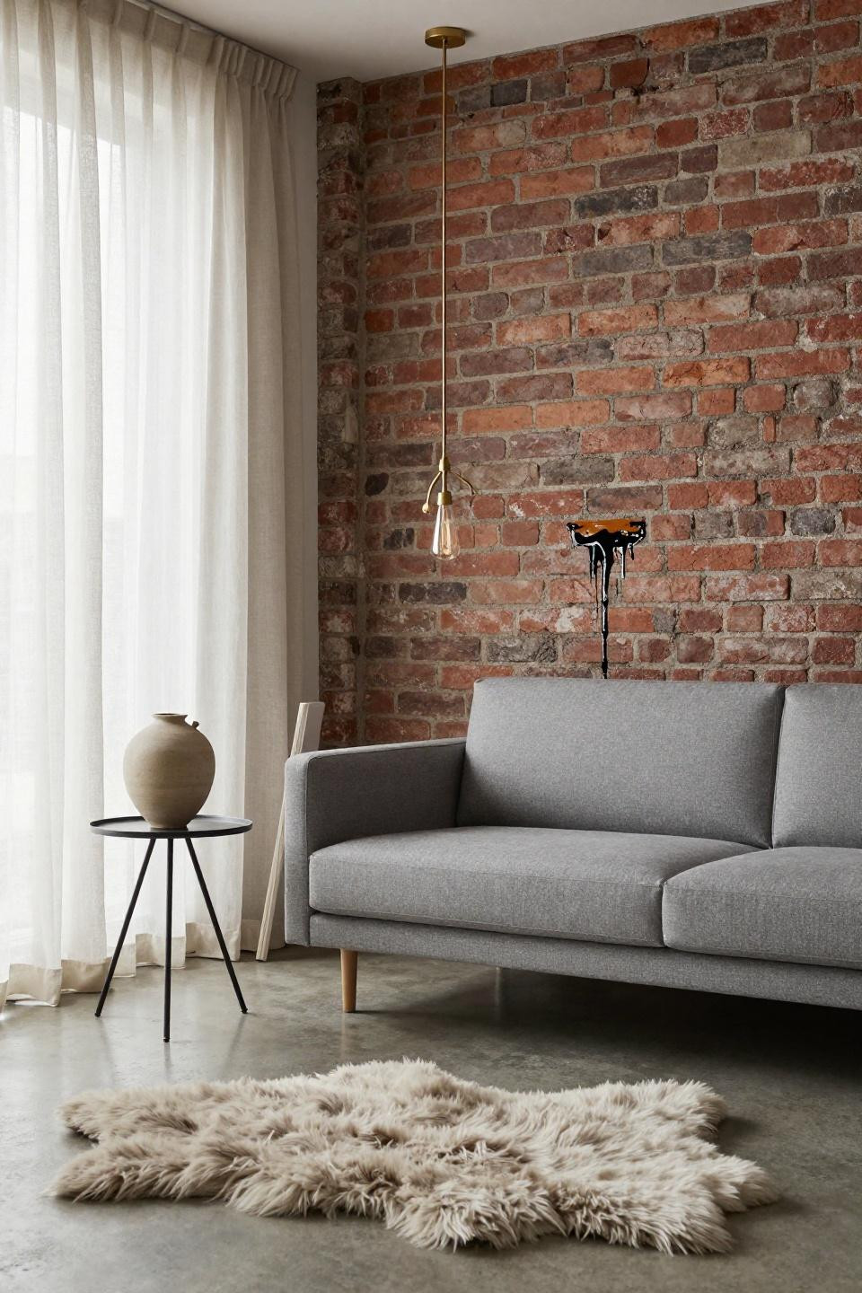 Bloxburg couch ideas with minimalist grey loveseat against exposed brick accent wall