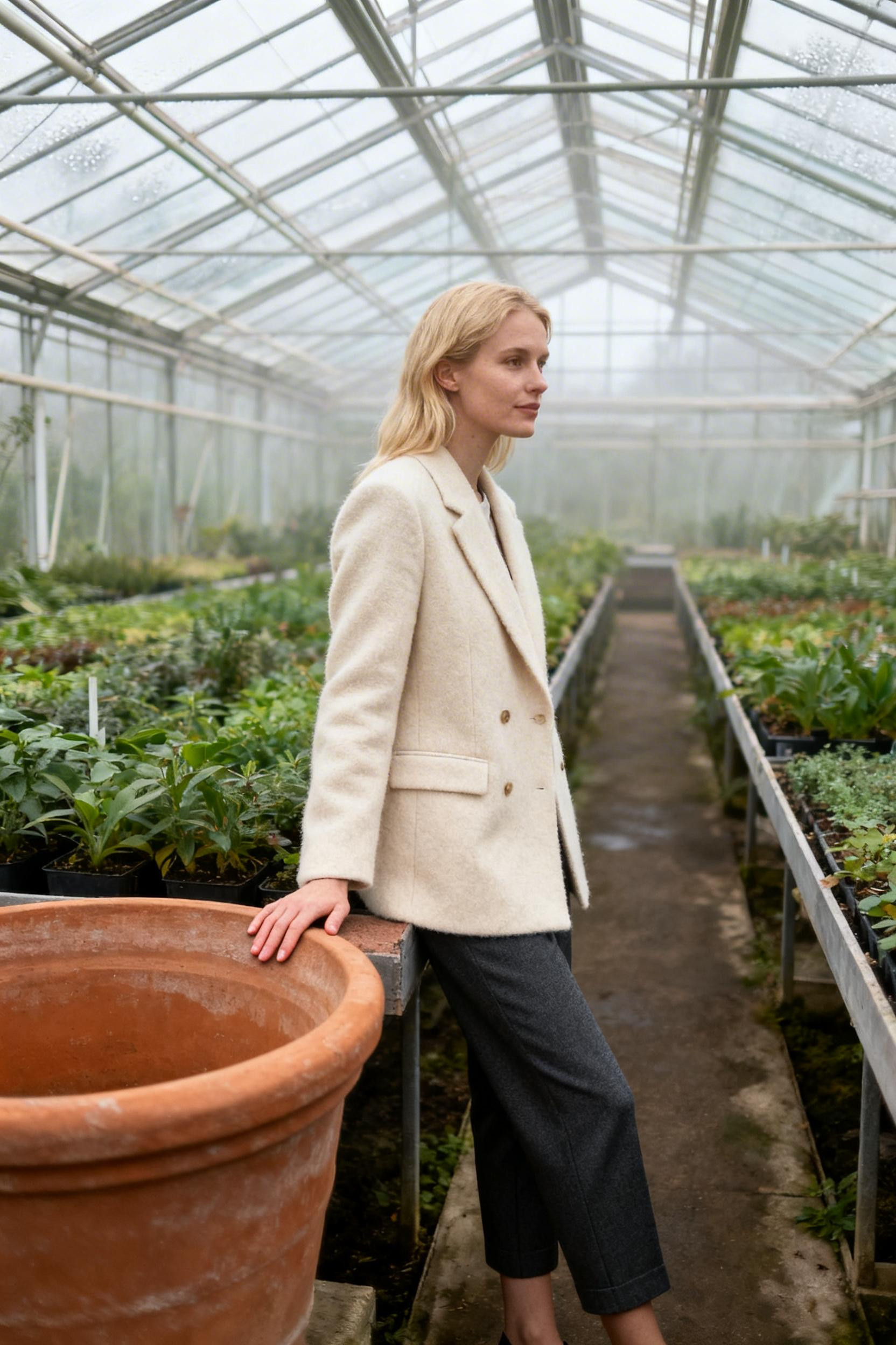 Creative Work Outfit - cream wool blazer charcoal cropped trousers