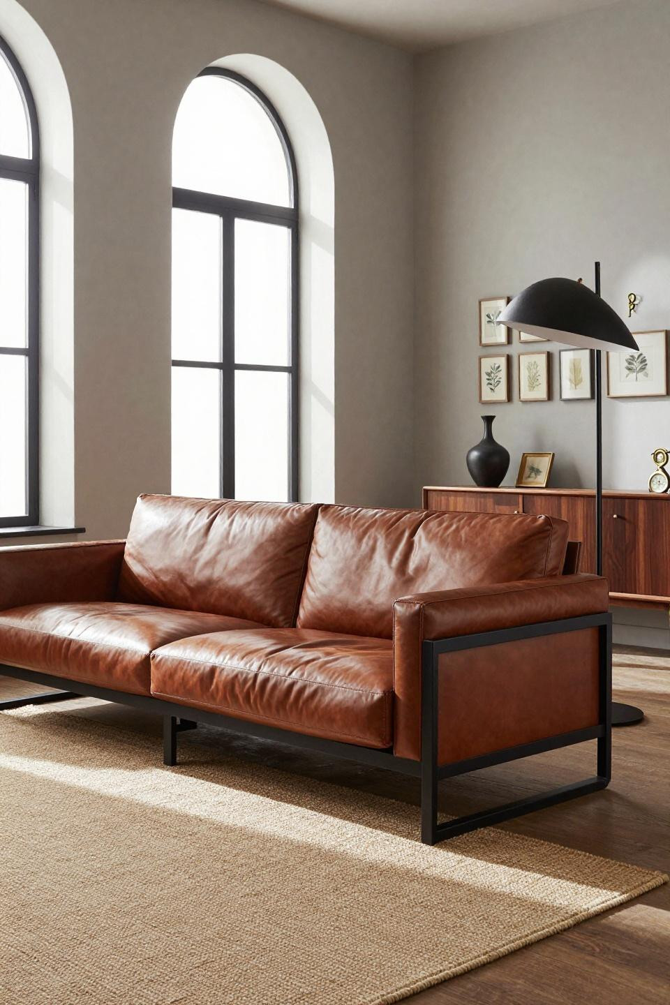 Bloxburg couch ideas with cognac leather modular sofa and exposed black metal frame
