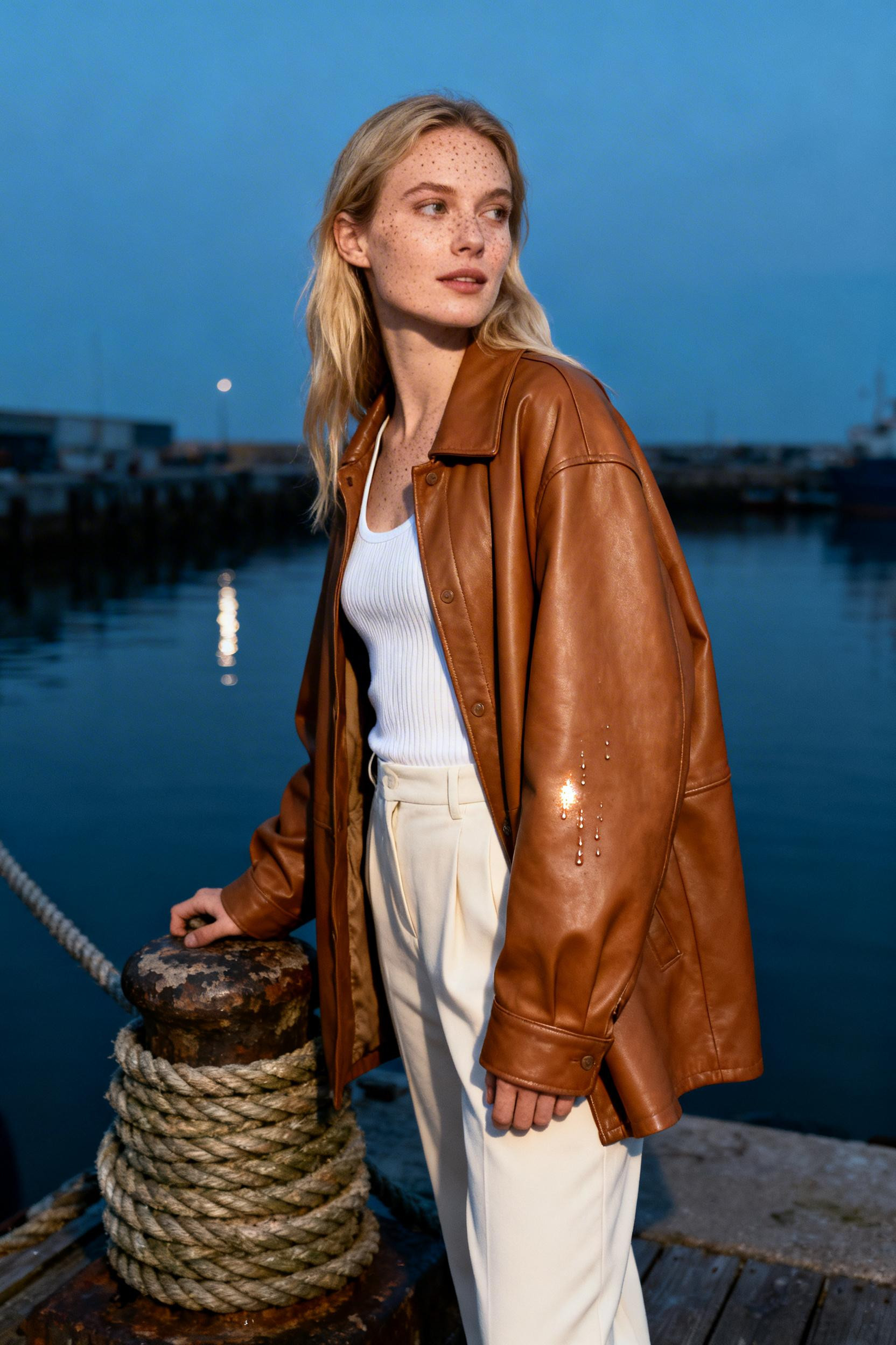 Creative Professional Outfit - cognac leather jacket cream trousers