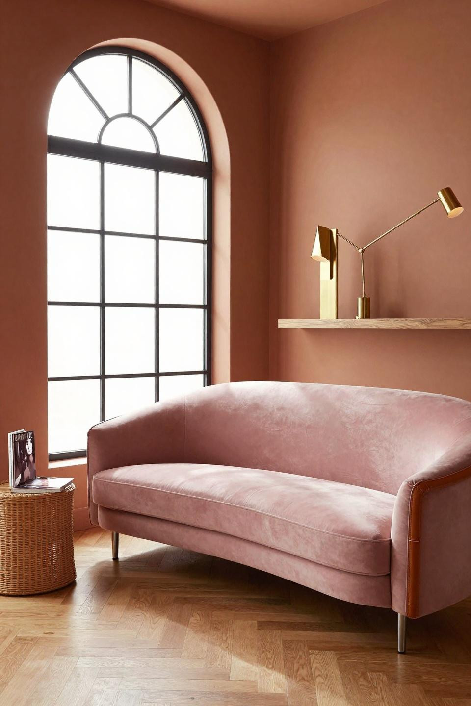 Bloxburg couch ideas featuring blush pink curved velvet sofa against terracotta wall
