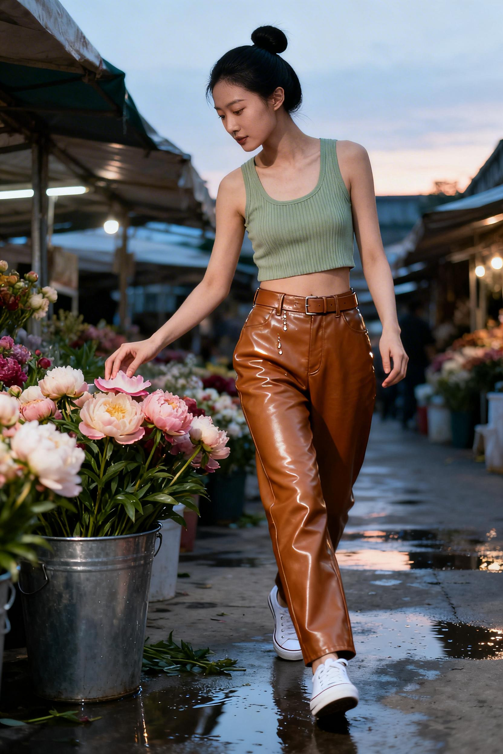 Gen Z Work Outfits Women - sage green tank cognac leather trousers