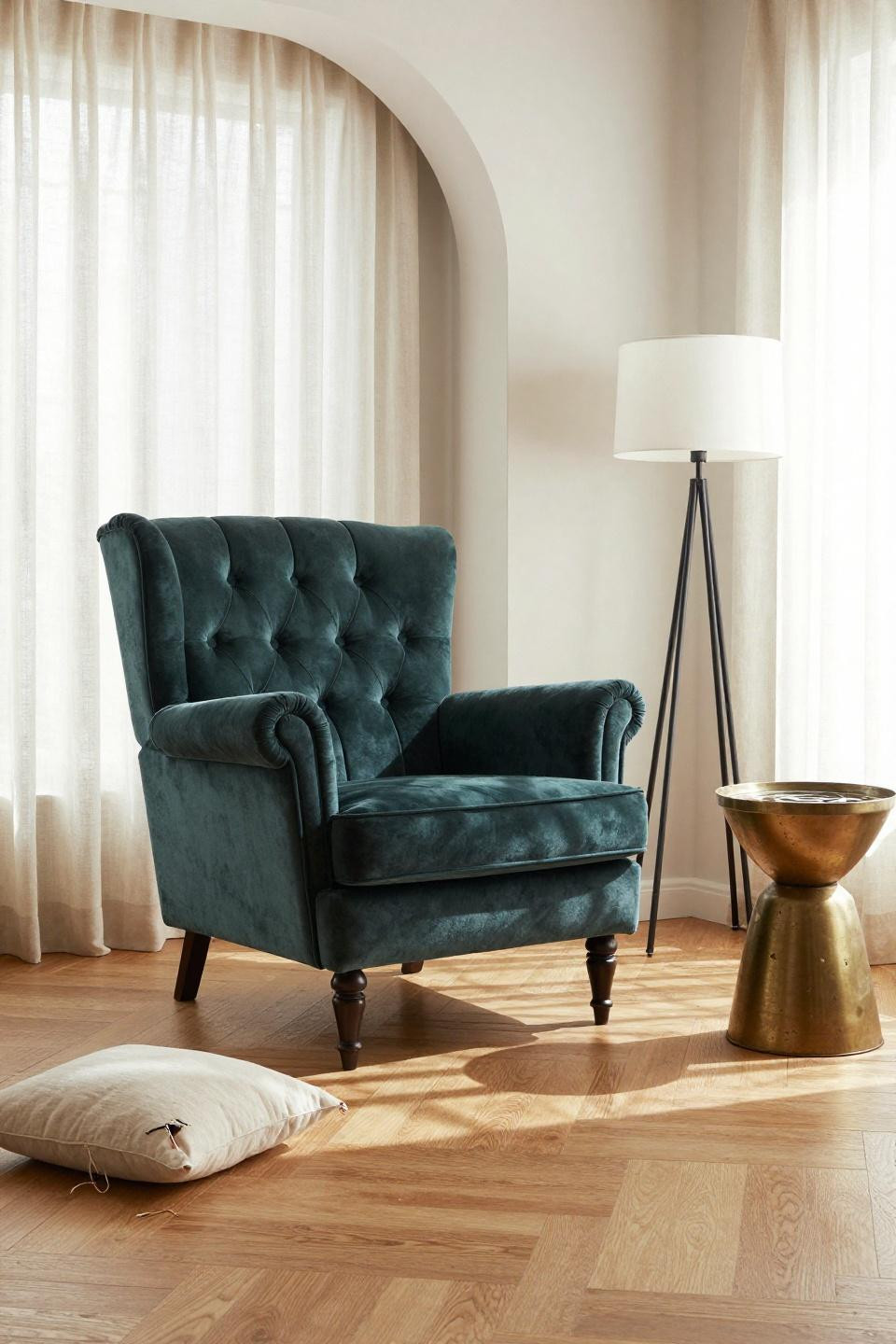 Bloxburg couch ideas with emerald velvet tufted wingback chair in arched alcove