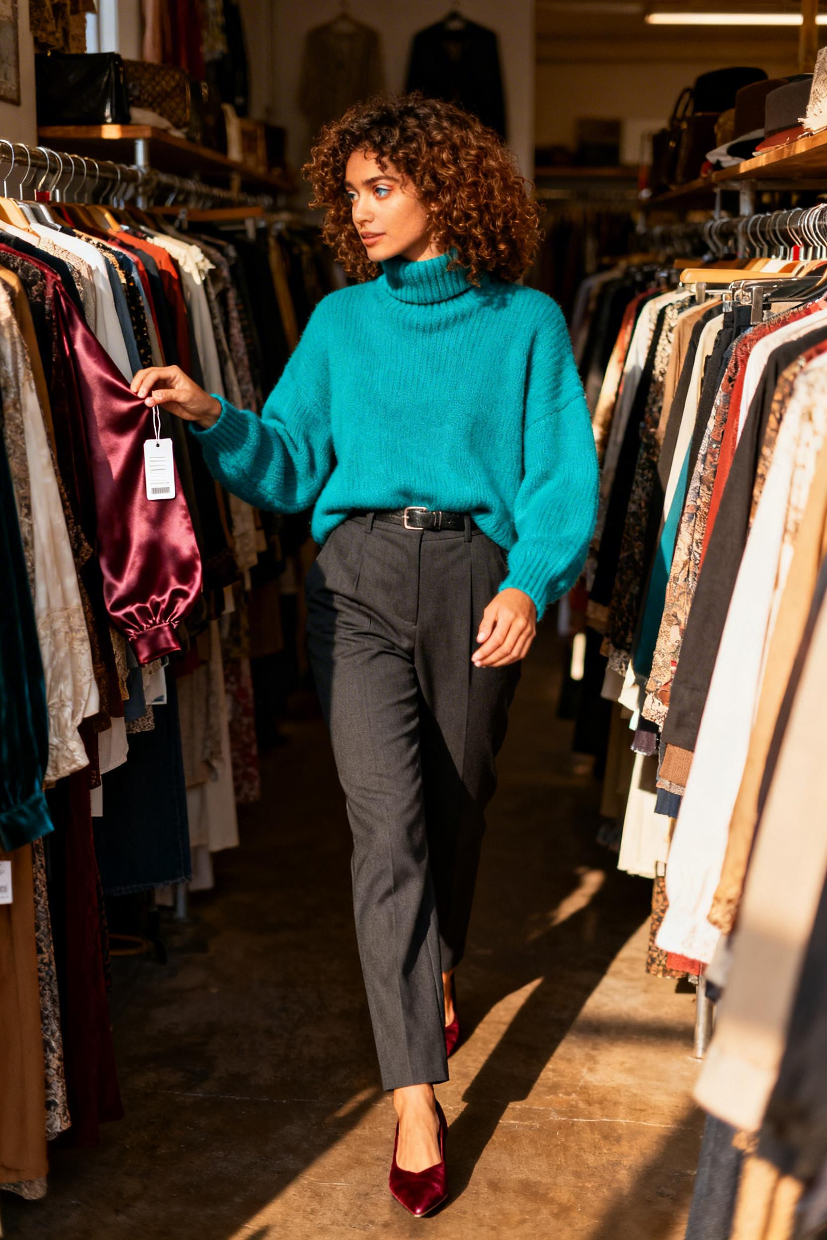 Gen Z Aesthetic Fashion - electric teal mock neck charcoal trousers