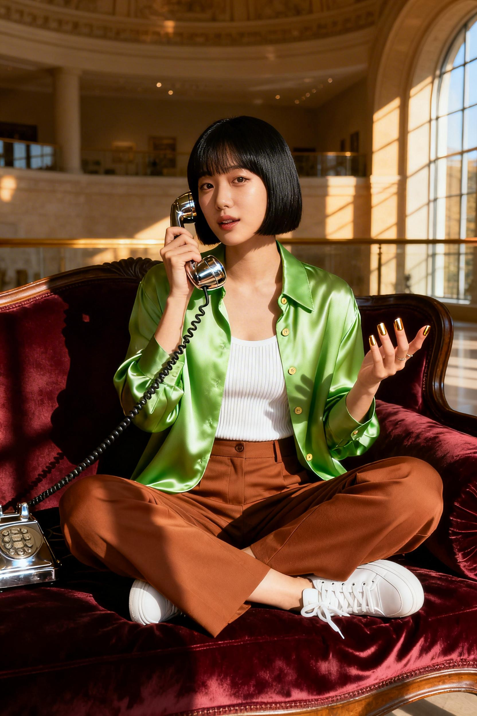 Colorful Corporate Outfit - electric lime green satin shirt cognac trousers