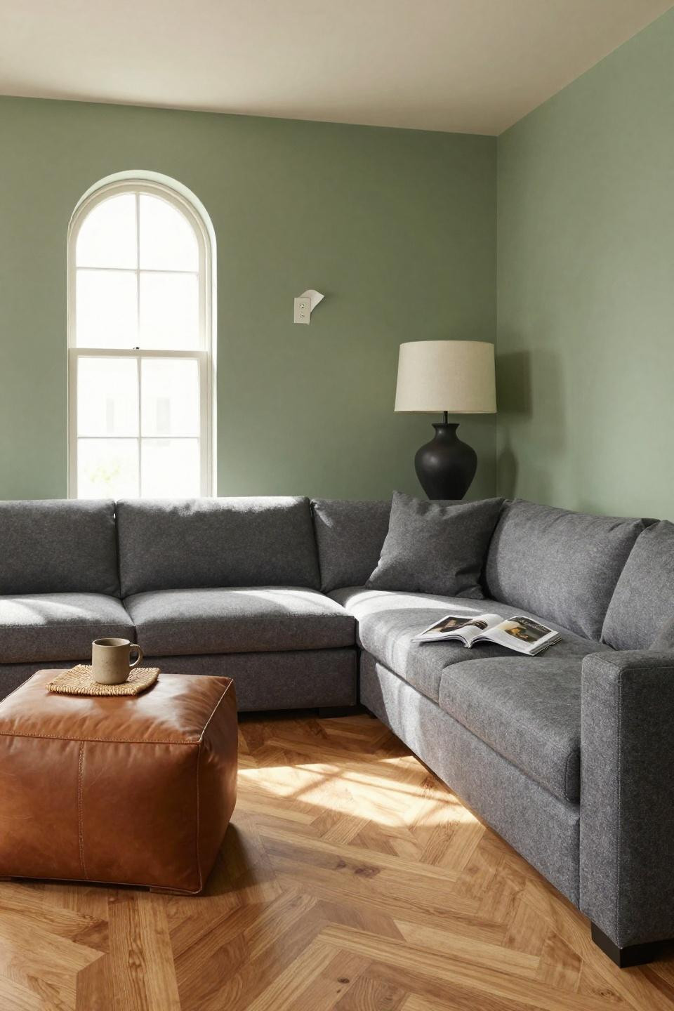 Interior design Bloxburg with charcoal modular sectional and sage green feature wall