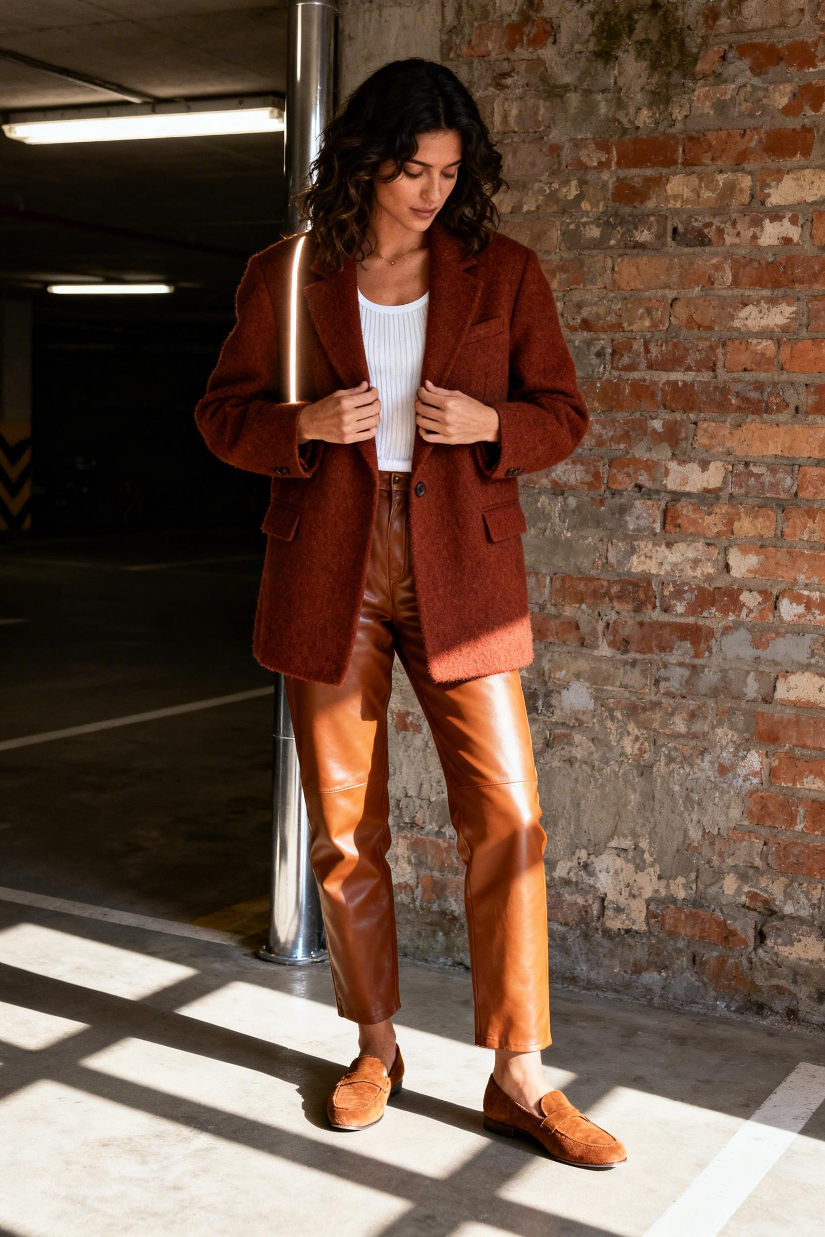 Gen Z Corporate Outfit - burnt sienna wool blazer caramel leather trousers