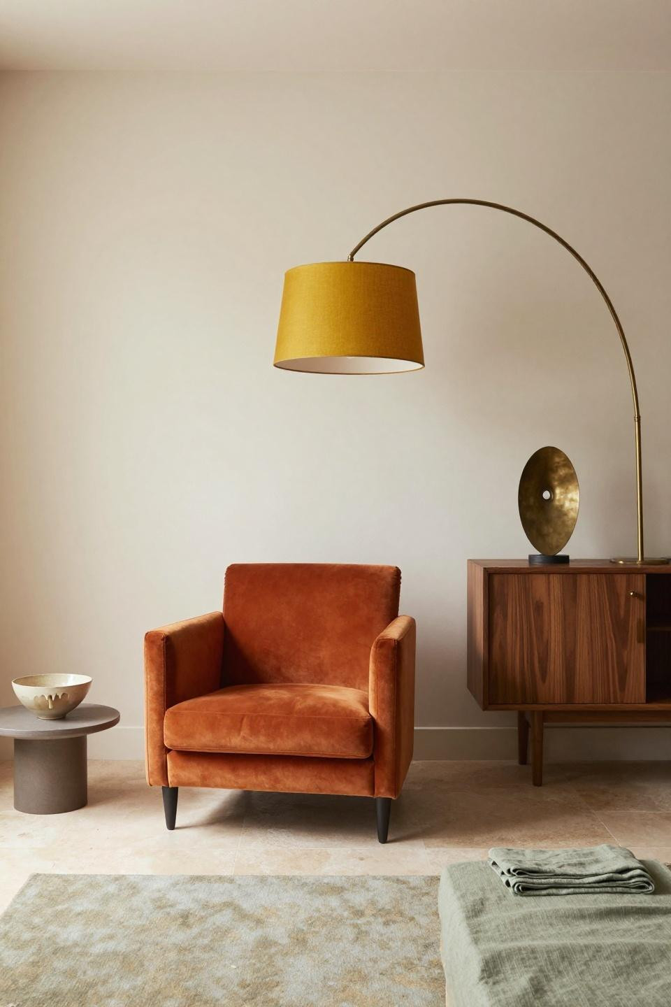 Bloxburg house ideas interior with burnt-orange velvet barrel chair and art deco brass sculpture