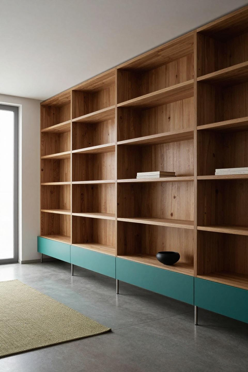 Bloxburg fireplace room with teal microfiber L-sectional and floor-to-ceiling birch shelving