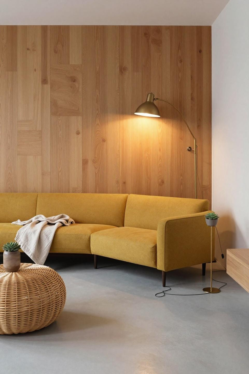 Blocksburg living room ideas with mustard yellow modular sofa and taupe herringbone accent wall