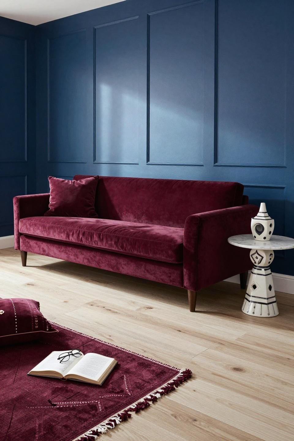 Girly apartments Bloxburg featuring deep plum velvet sleeper sofa with rich indigo accent wall