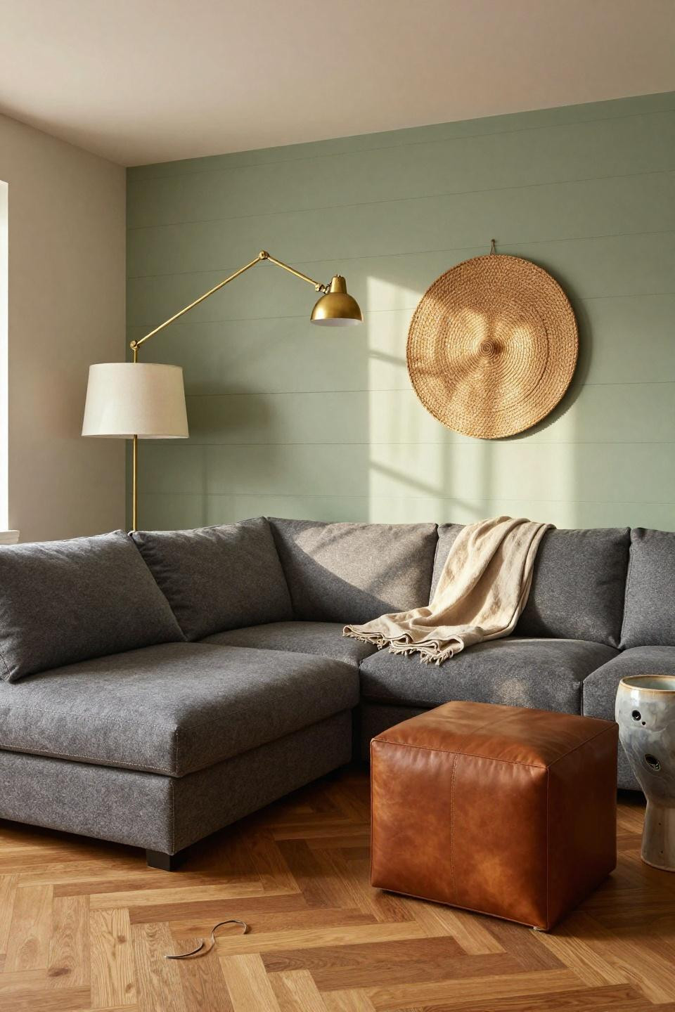 Bloxburg apartment ideas with charcoal grey modular sectional against sage green shiplap wall