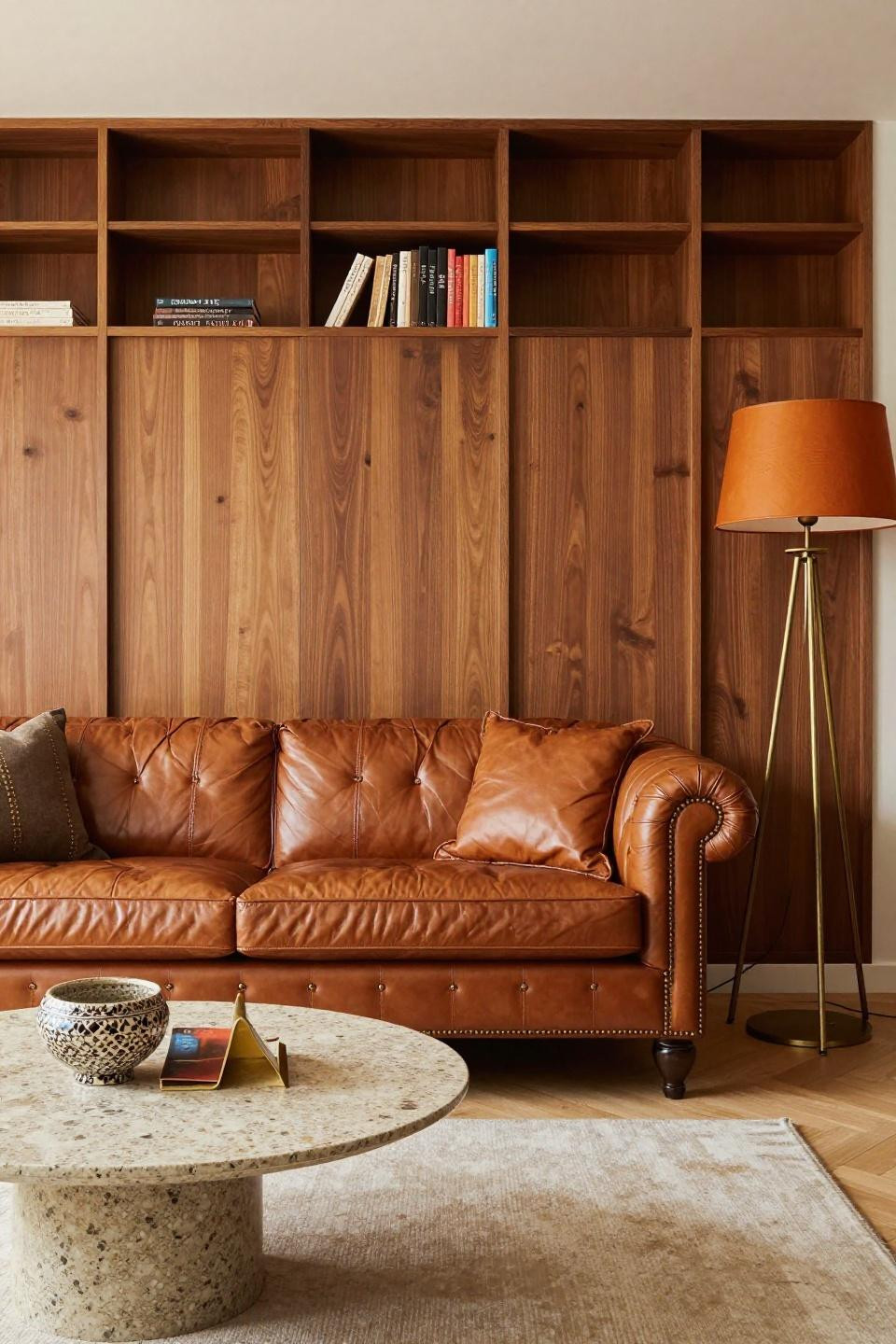 Bloxburg lounge room with oversized cognac leather Chesterfield sofa and walnut shiplap wall