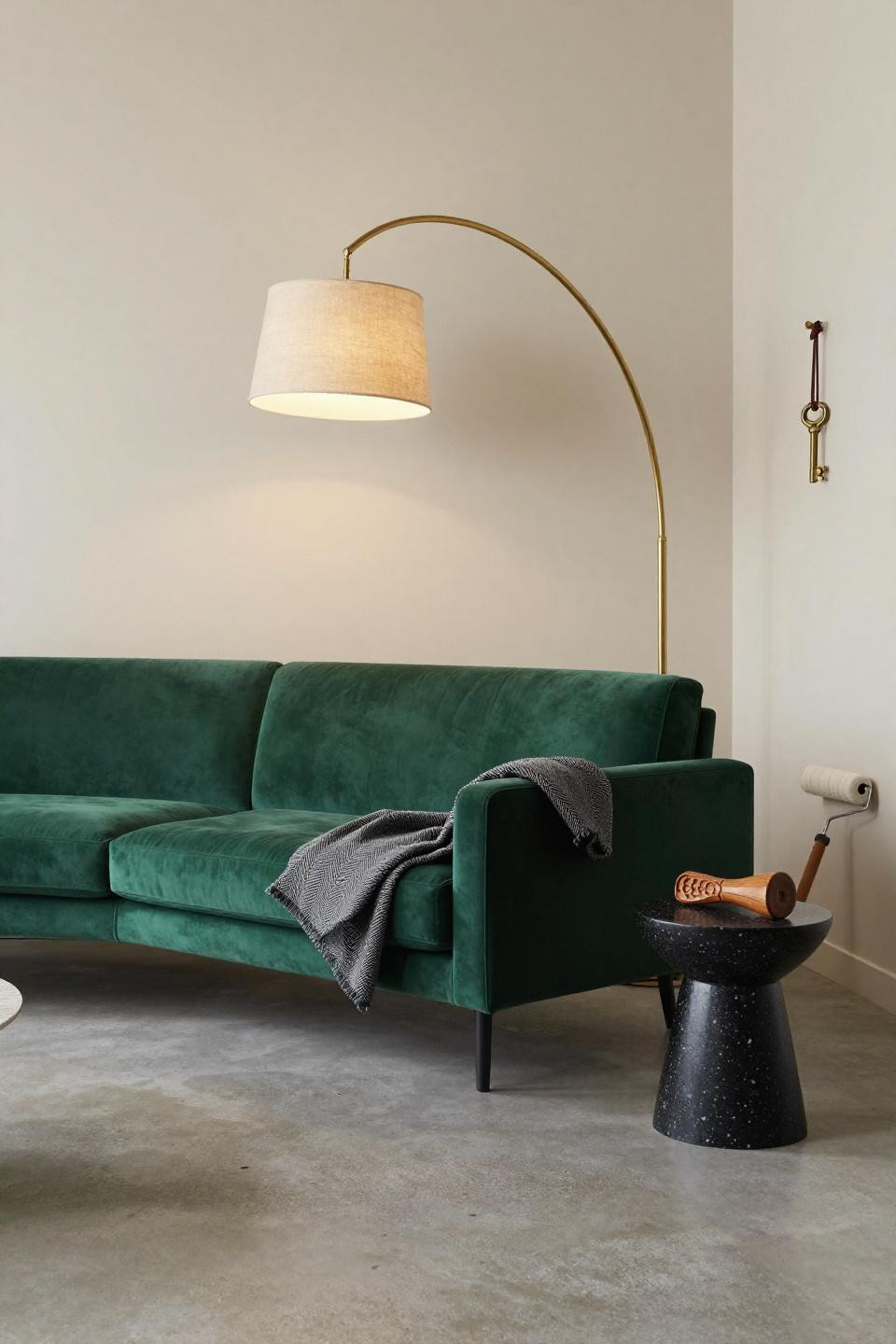 Bloxburg couch ideas featuring emerald green velvet tuxedo sofa in minimalist setting