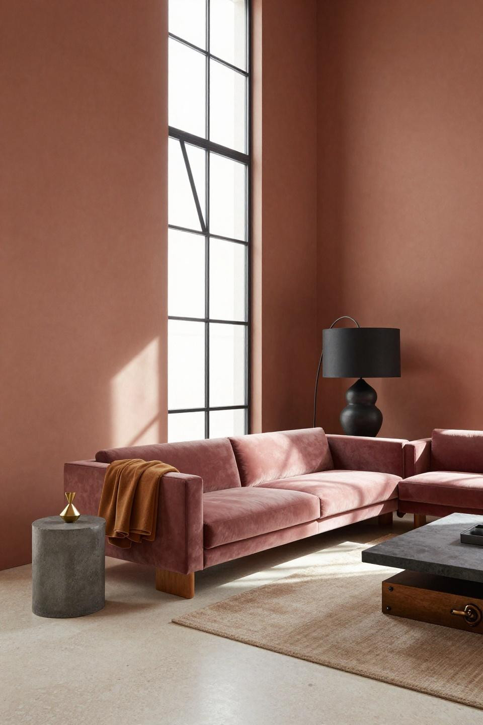 Living room Bloxburg with dusty rose velvet tuxedo sofa against terracotta limewash walls
