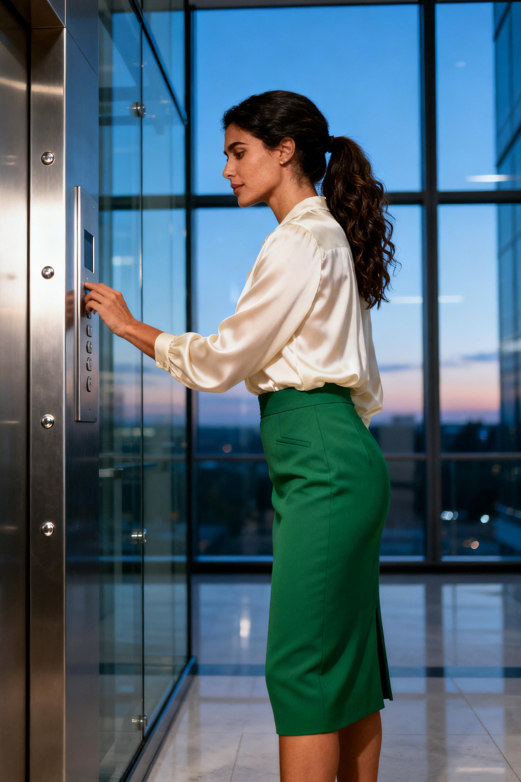 Chubby Office Outfit - emerald skirt cream blouse